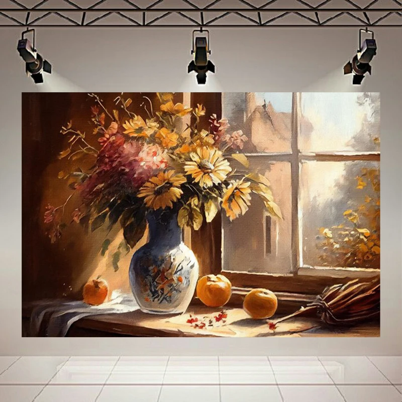 تابلو بوم طرح نقاشی پنجره و گلدان مدل پرتو خورشید کد AR304389