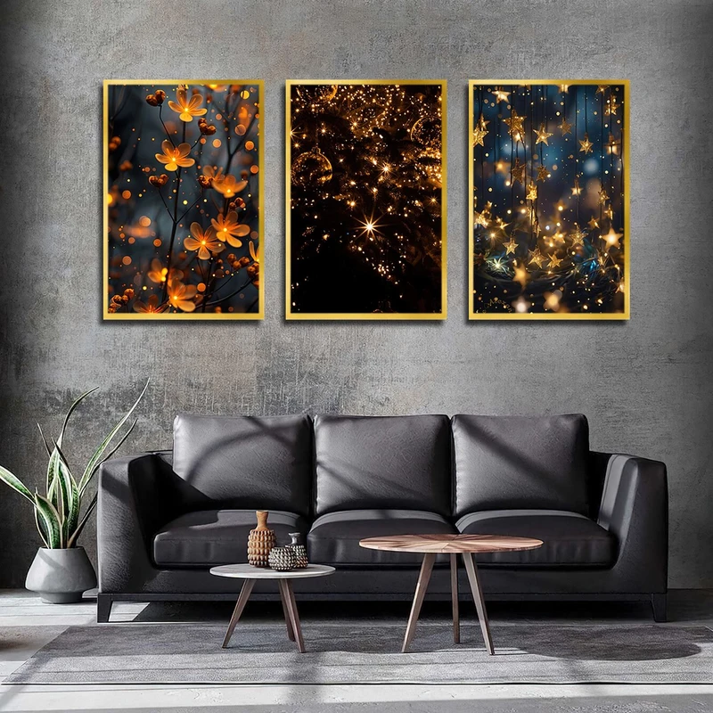 تابلو بکلیت طرح ریسه نور ستاره ای و گل مدل T-3043 مجموعه 3 عددی