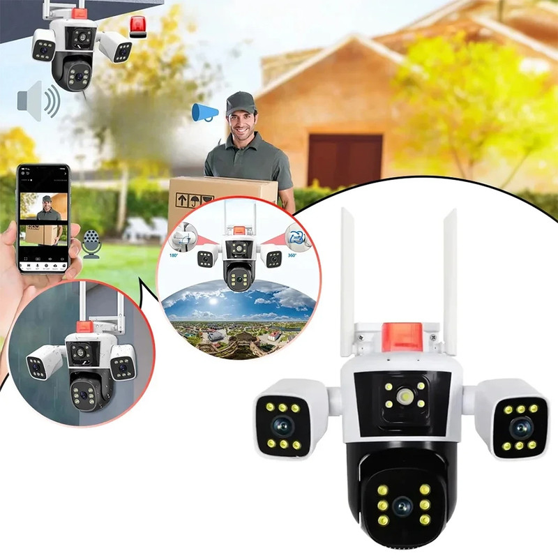 دوربین مداربسته تحت شبکه سیم‌کارتی 3 مگاپیکسلی مدل QQ849-WP-4-4G، دارای 3 لنز، اتصال 4G، چرخش افقی و عمودی، دید در شب، تشخیص حرکت، تعقیب سوژه، مکالمه دوطرفه، پشتیبانی از کارت حافظه Micro SD تا 256 گیگابایت و استاندارد ضدآب IP66