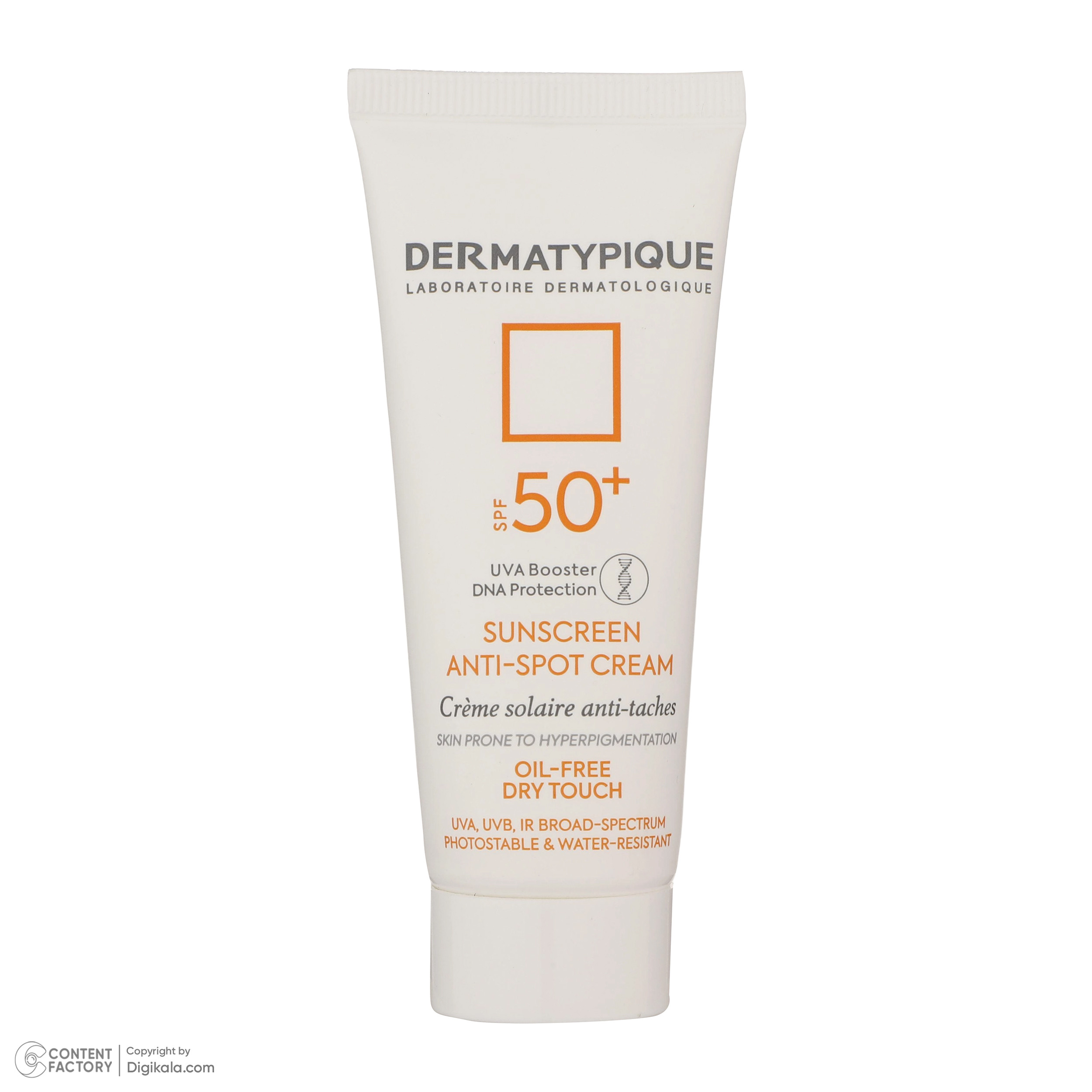 کرم ضد آفتاب بدون رنگ درماتیپیک SPF50 مدل Anti spot محافظ UVA ،UVB، ضد آب، روشن‌کننده، ضد لک، مناسب انواع پوست حجم 40 میلی‌لیتر