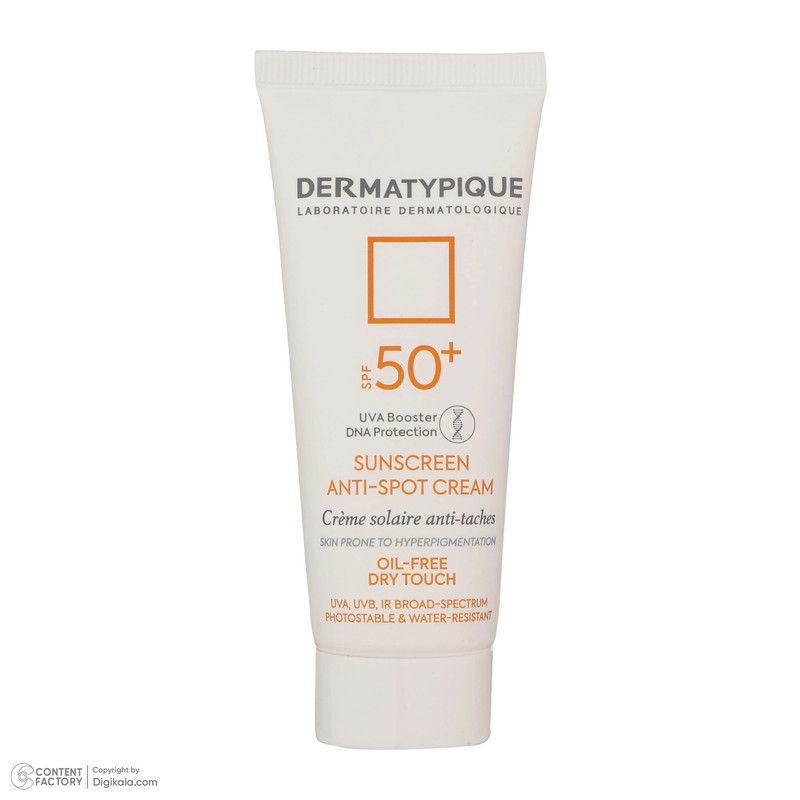 کرم ضدآفتاب بی‌رنگ درماتیپیک SPF50 مدل Anti spot مناسب انواع پوست، حجم 40 میلی‌لیتر