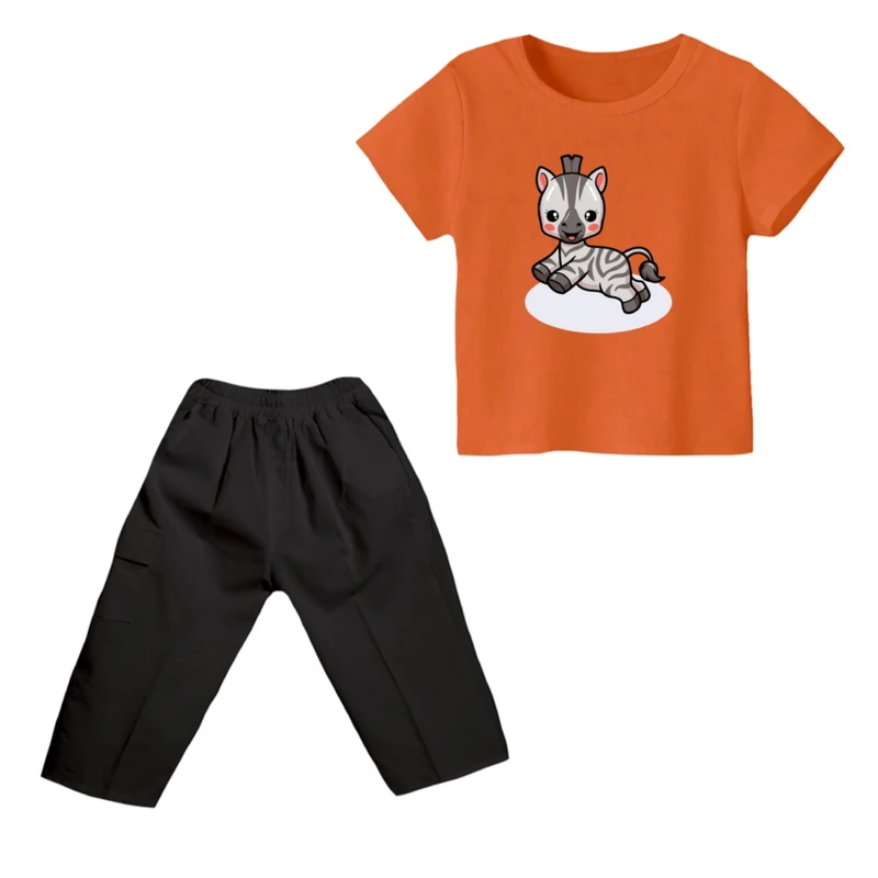 ست تی شرت و شلوارک پسرانه مدل گورخر کد ۱۷ رنگ نارنجی