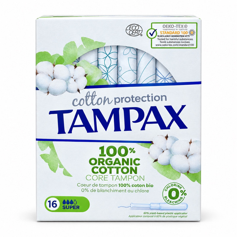 تامپون اورگانیک تامپکس مدل cotton سایز Medium با جذب زیاد و ضخامت متوسط بسته 16 عددی