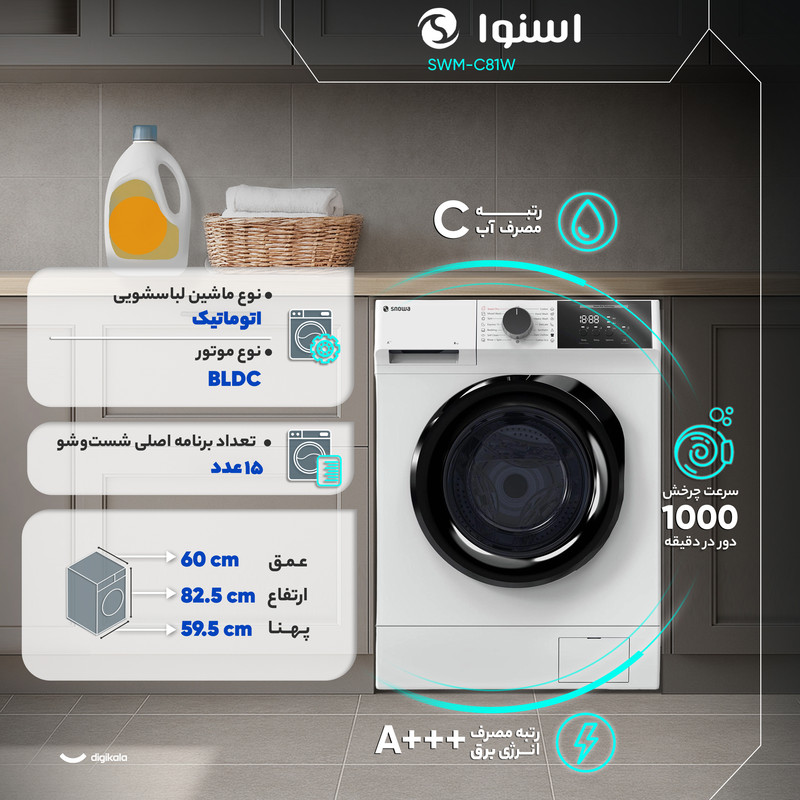ماشین لباسشویی 8 کیلوگرم  اتوماتیک اسنوا مدل SWM-C81W