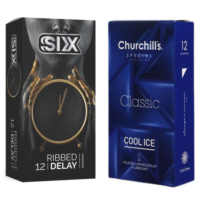 کاندوم چرچیلز مدل Cool Ice بسته 12 عددی به همراه کاندوم سیکس مدل تاخیری شیاردار بسته 12 عددی کاندوم چرچیلز مدل Cool Ice بسته 12 عددی به همراه کاندوم سیکس مدل تاخیری شیاردار بسته 12 عددی
