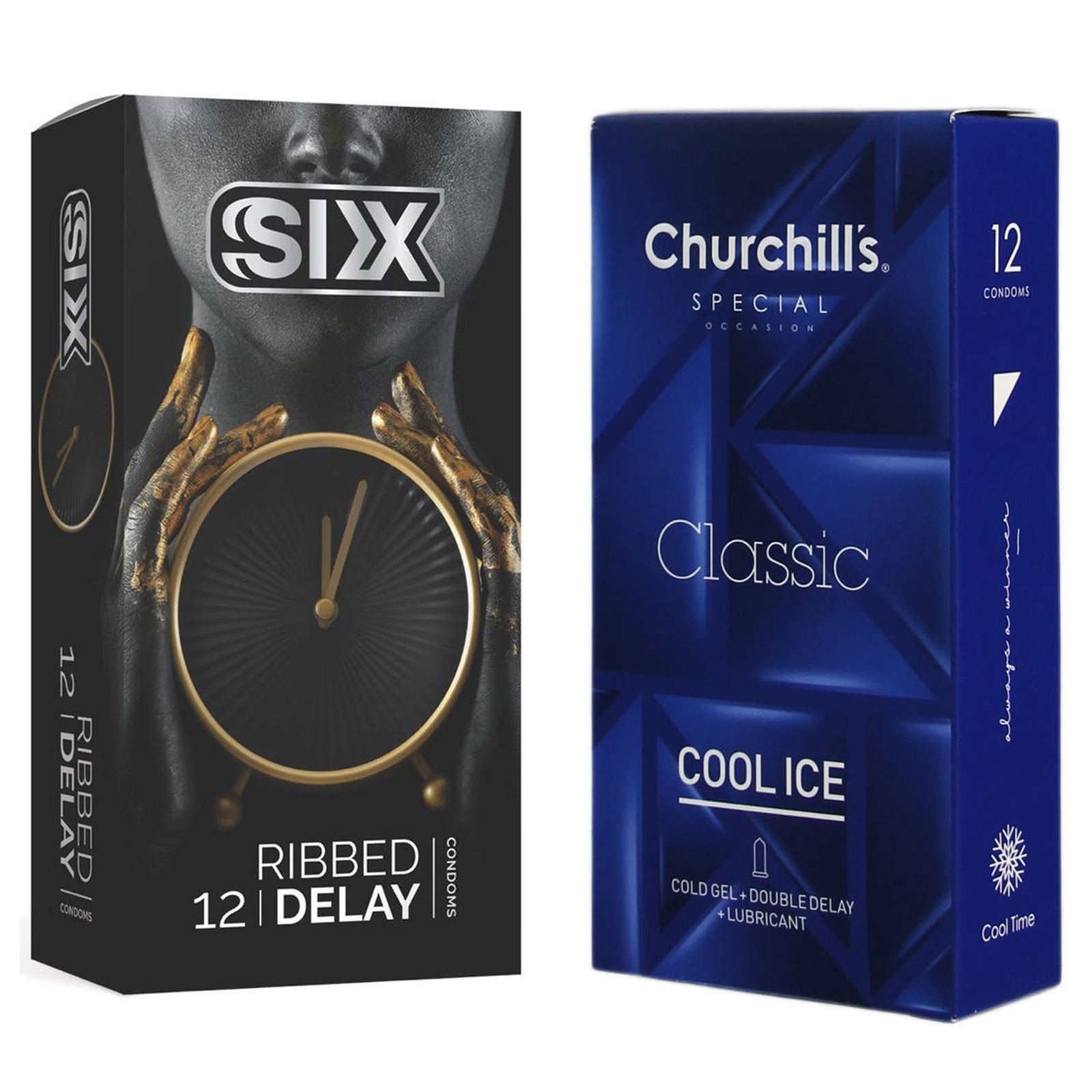کاندوم چرچیلز مدل Cool Ice بسته 12 عددی به همراه کاندوم سیکس مدل تاخیری شیاردار بسته 12 عددی