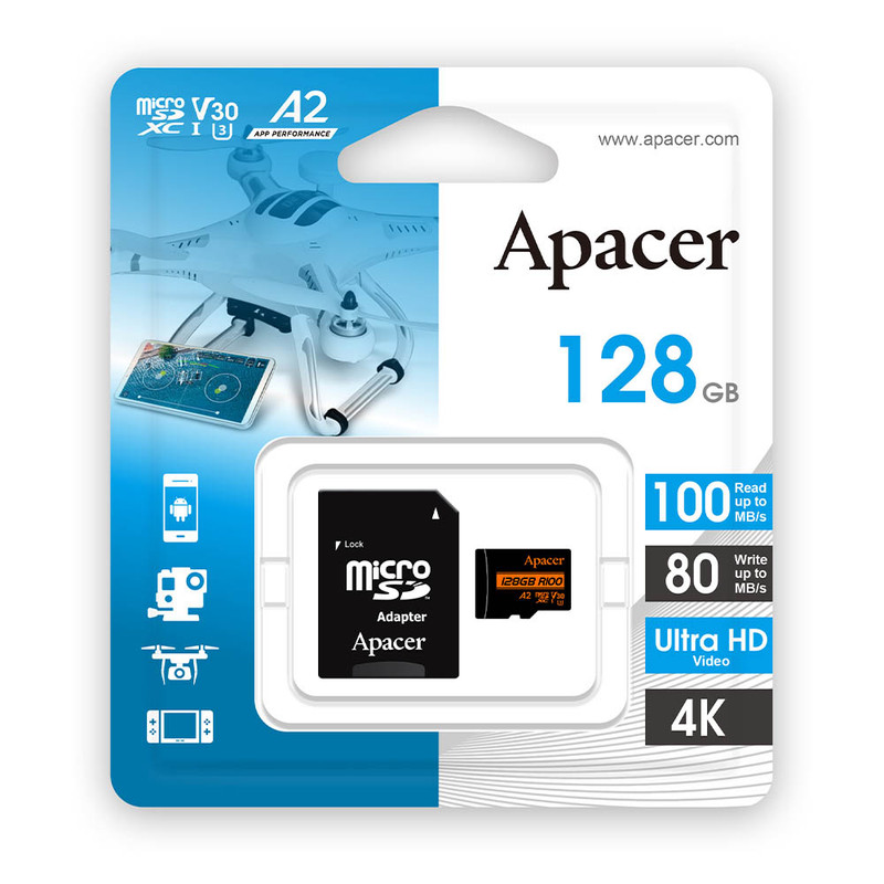 کارت حافظه microSDXC اپیسر مدل AP64G استاندارد HS-I U3 V30 A2 سرعت 100MBps ظرفیت 128 گیگابایت همراه با آداپتور SD