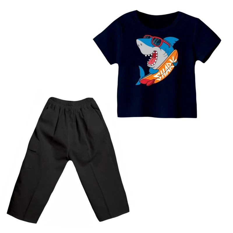 ست تی شرت و شلوارک پسرانه مدل کوسه کد 8