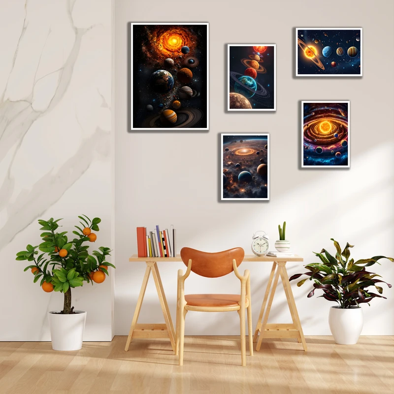 تابلو بکلیت مدل قاب شاسی طرح دکوراتیو کهکشان و منظومه شمسی کد W-MR-1065 فریم سفید مجموعه 5 عددی