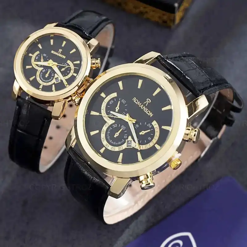 ست ساعت مچی عقربه ای زنانه و مردانه مدل تک موتور ساده چرمی 010