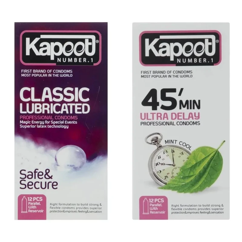 کاندوم تاخیری کاپوت مدل 45 min بسته 12 عددی به همراه کاندوم روان کننده کاپوت مدل Classic بسته 12 عددی