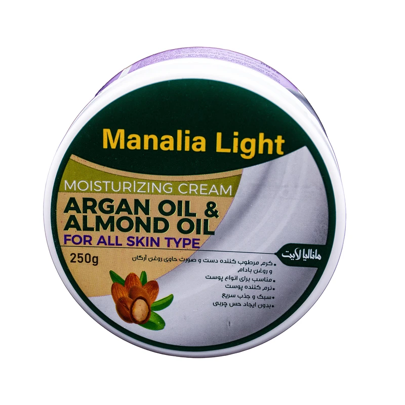 کرم مرطوب‌کننده صورت و دست مانالیا لایت مدل Argan Oil and Almond Oil مناسب برای انواع پوست وزن 250 گرم