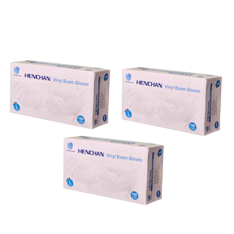 دستکش وینیل غیر پودری مدل هنچانL3 سایز بزرگ (L) سه بسته 100 عددی