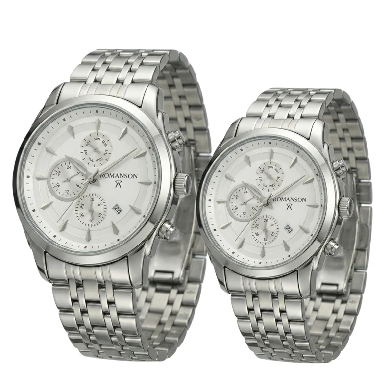 ست ساعت مچی عقربه‌ای کوارتز زنانه و مردانه رومانسون مدل کلاسیک اسپرت تک موتوره بند فلزی تاریخ شمار کد RS001