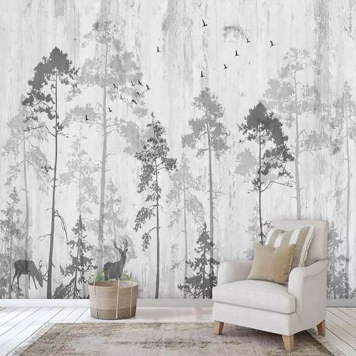 پوستر دیواری سه بعدی مدل جنگل درخت سیاه سفید زمینه طوسی DVRF2382