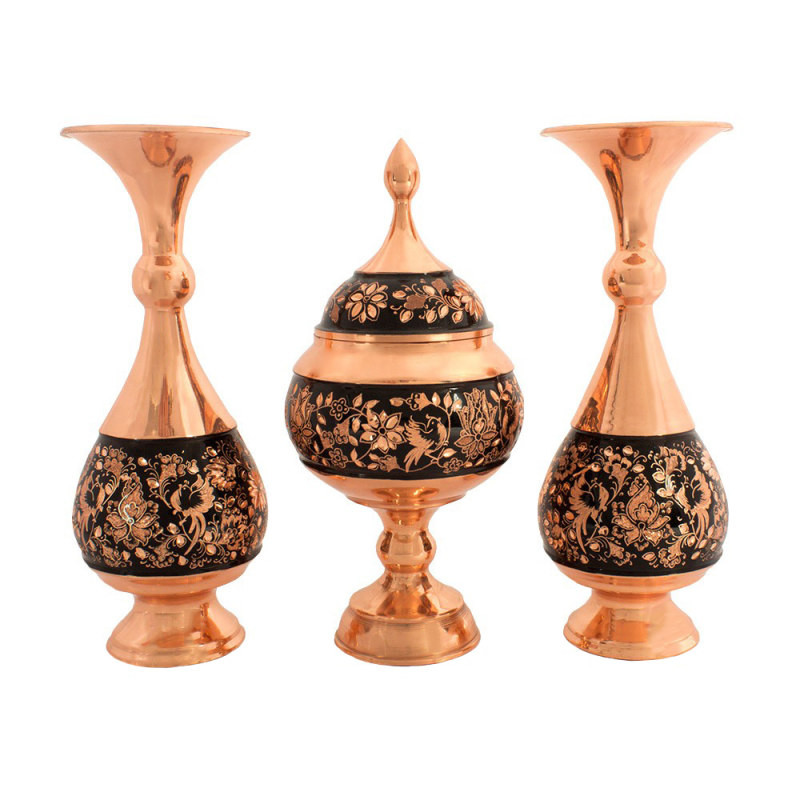 ست 3 تکه گلدان و شکلات خوری مسی مدل تراش کد M3