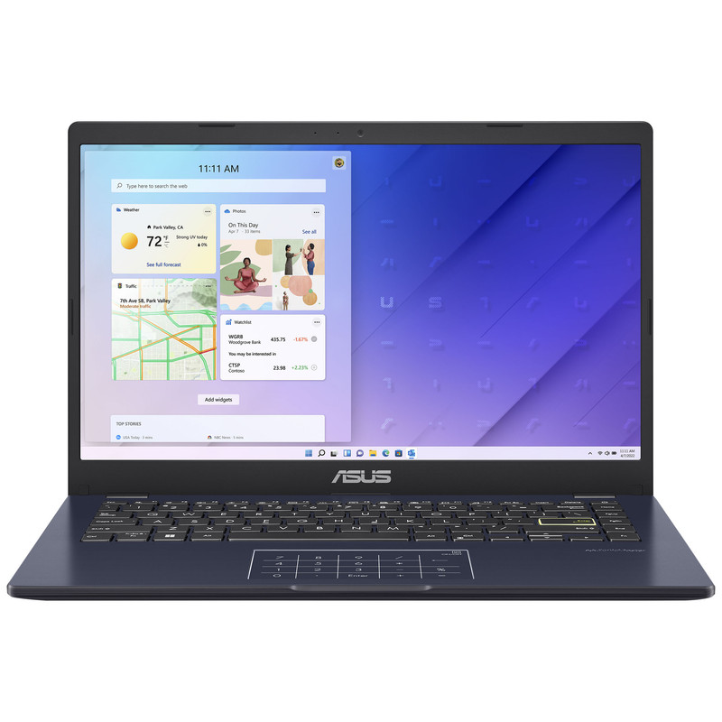 لپ‌تاپ ایسوس مدل Vivobook Go 14 E410KA-CL464 با پردازنده Celeron N4500، رم DDR4 4GB با فرکانس 3200MHz، حافظه هیبریدی با ظرفیت 256GB حافظه SSD و 64GB حافظه eMMC، نمایشگر لمسی 14 اینچ TN با وضوح Full HD، دارای نامبرپد دیجیتال، سیستم‌عامل Windows، کاستوم شده