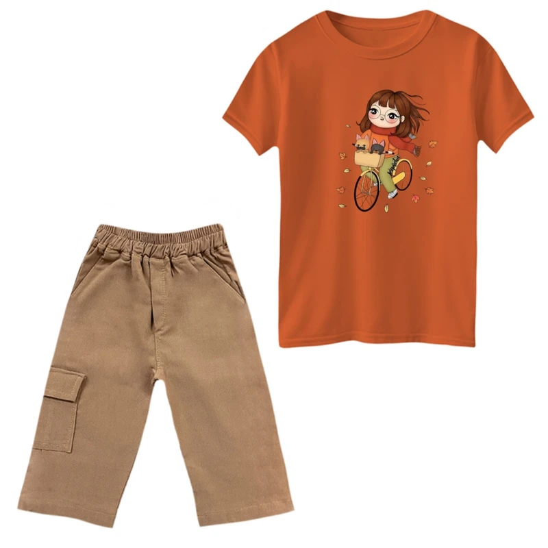 ست تی‌شرت و شلوارک دخترانه مدل دخترک و دوچرخه رنگ نارنجی