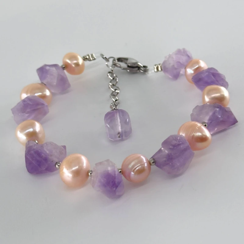 دستبند زنانه مدل سنگ آمیتیست و مروارید کد 65