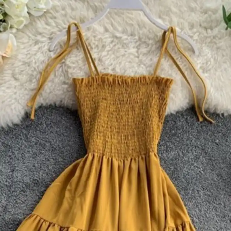 پیراهن ساحلی زنانه مدل تابستانی رنگ خردلی