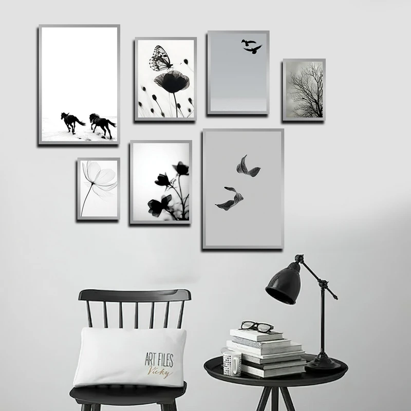 تابلو بکلیت طرح طبیعت گل و پروانه و پرنده مدل SI-4037 فریم نقره ای مجموعه 3 عددی