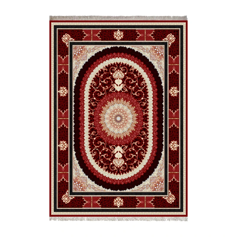 فرش ماشینی 1000 شانه زانیس زمینه قرمز لاکی حاشیه کرم مدل چاپی