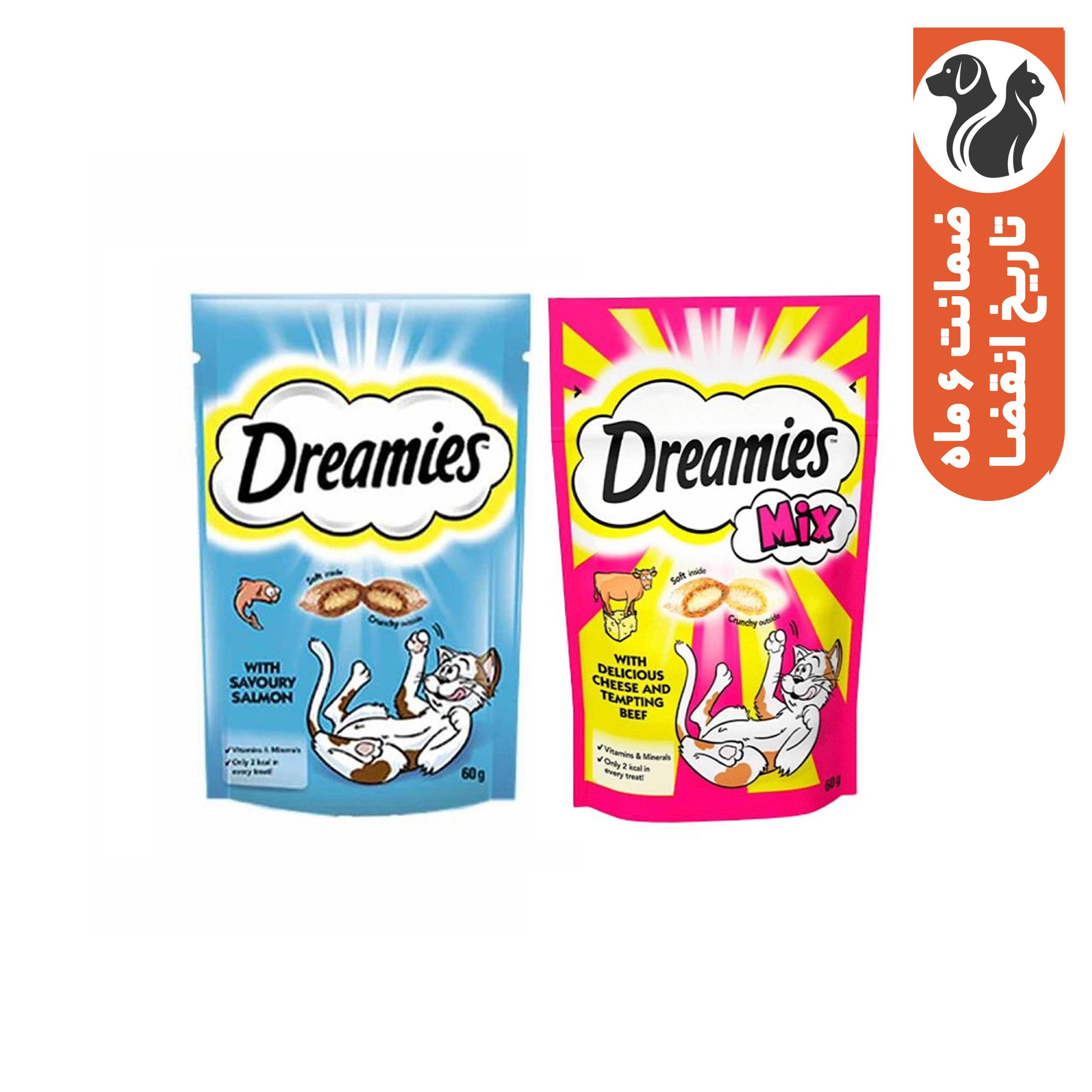 تشویقی گربه دریمیز مدل گوساله و پنیر، سالمون وزن 60 گرم بسته 2 عددی