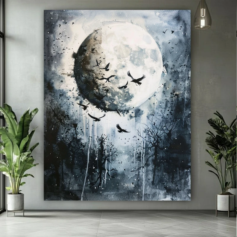 تابلو بوم طرح مخمل نقاشی ماه مدل کلاغ کد FP106353