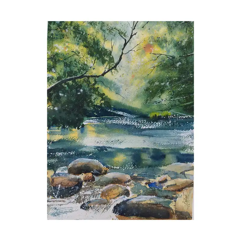 نقاشی آبرنگ طرح رودخانه و جنگل کد 01