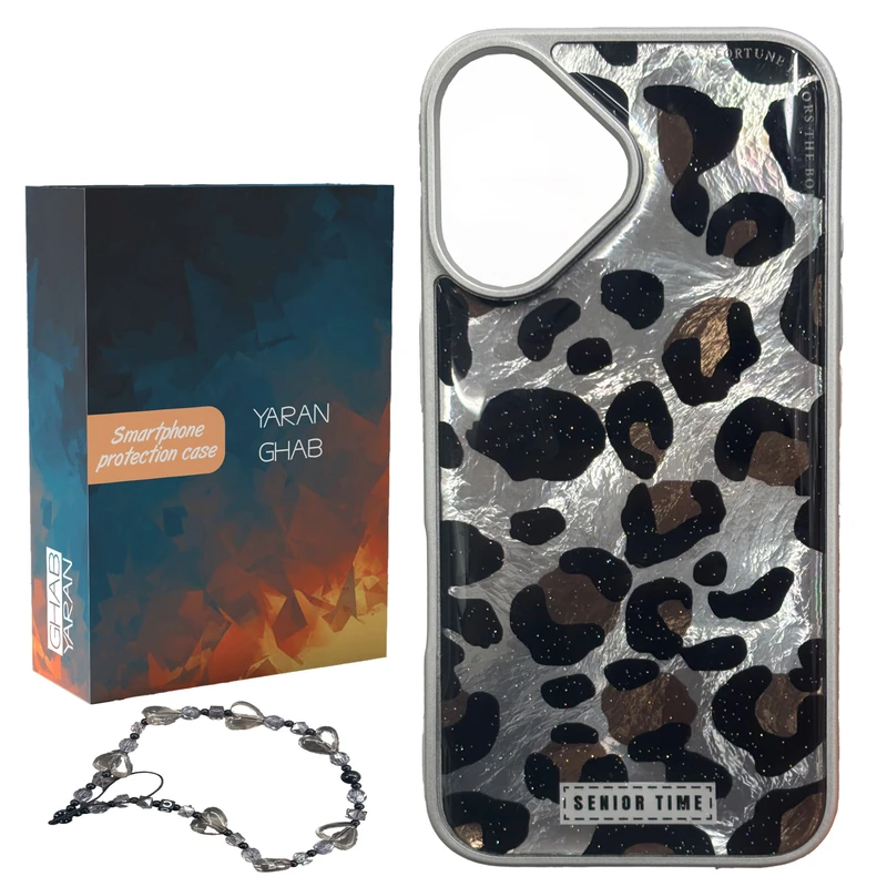 کاور قاب یاران مدل پلنگی مناسب برای گوشی موبایل اپل iPhone 16 به همراه بنداویز