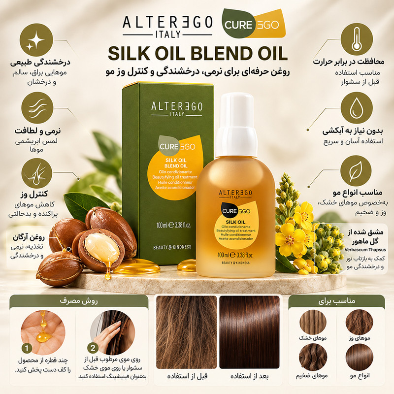 روغن مو ضد موخوره و ترمیم کننده آلترگو مدل silk blend سازگار با موی آسیب دیده و دارای موخوره حجم 100 میلی‌لیتر