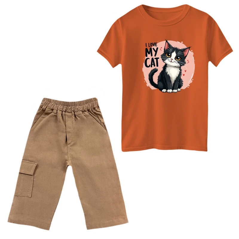 ست تی‌شرت و شلوارک دخترانه مدل گربه