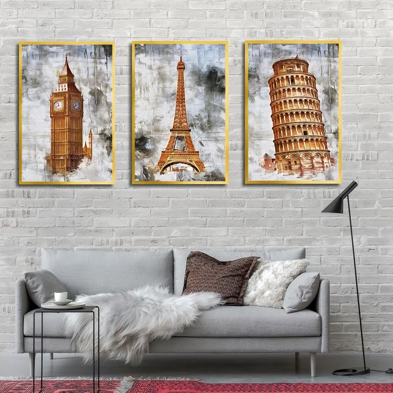 تابلو ساده بکلیت طرح برج ایفل و پیزا و ساعت بیگ بن مدل شاین اکلیلی T-2484 فریم طلایی مجموعه 3 عددی 