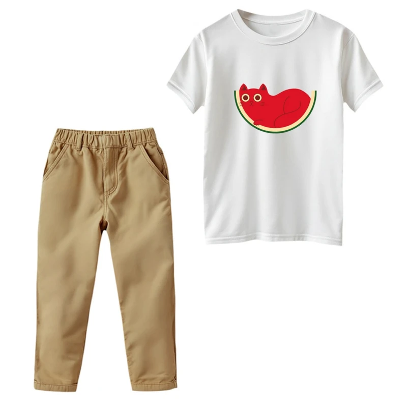 ست تی‌شرت و شلوار دخترانه مدل گربه یلدایی رنگ سفید