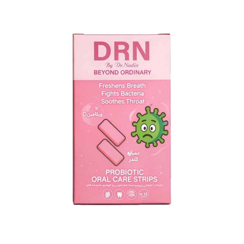 نوار پروبیوتیک خوراکی ضدعفونی و خوشبوکننده دهان دی آر ان مدل توت فرنگی بسته 12 عددی
