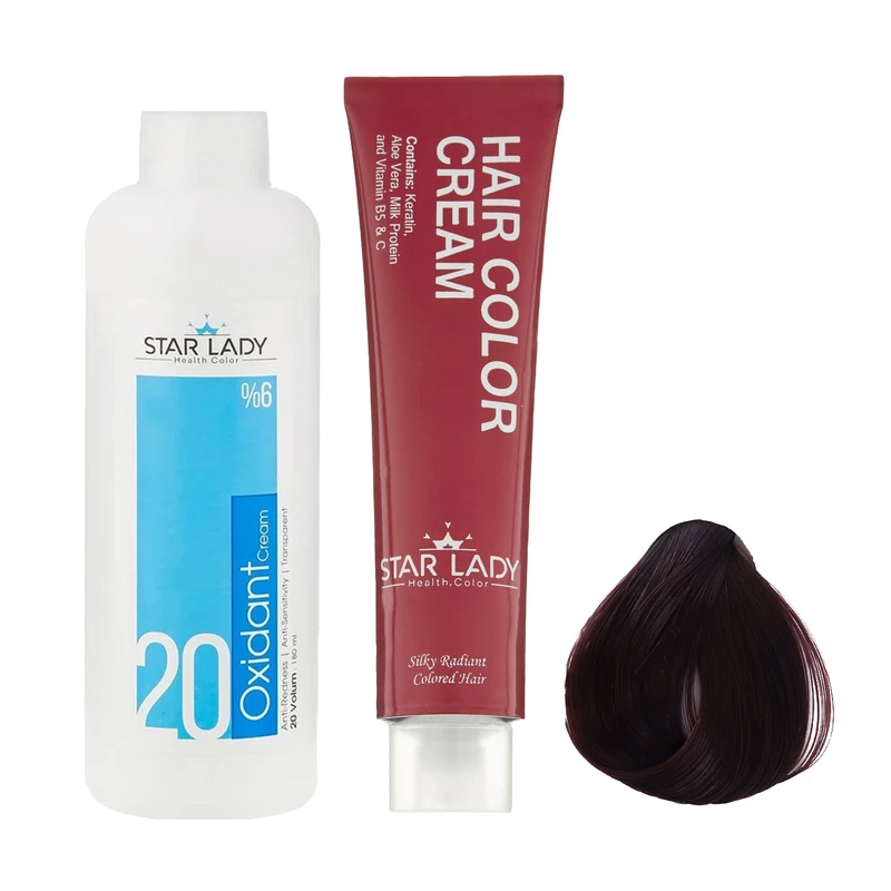 رنگ مو استارلیدی شماره 4.6 حجم 120 میلی لیتر رنگ ماهگونی خیلی تیره به همراه اکسیدان استارلیدی مدل 20 نه درصدی حجم 180 میلی لیتر