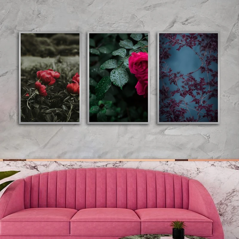 تابلو ساده بکلیت طرح طبیعت و گل مدل شاین اکلیلی SI-3008 فریم نقره ای مجموعه 3 عددی