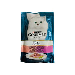 پوچ گربه گورمت مدل ماهی سالمون و میگو وزن 85 گرم