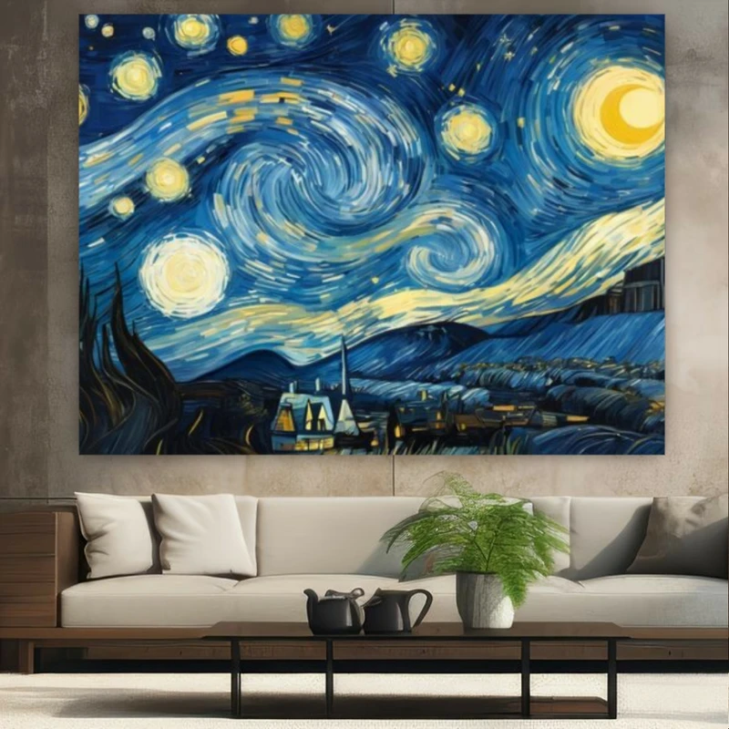 تابلو بوم طرح مخمل نقاشی ونگوک مدل شب ماه و ستاره ای کد GR837