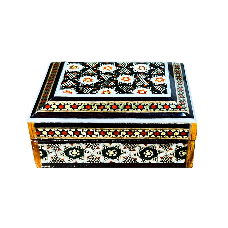جا سکه ای خاتم کاری چوبی صنایع دستی فاخر مدل درب دار ممتاز طرح خورشیدی کد HQDarkRect7p5 