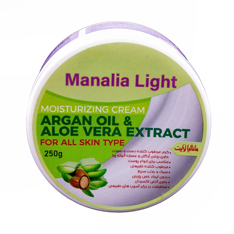 کرم مرطوب‌کننده صورت و دست مانالیا لایت مدل Argan Oil and Aloe Vera Extract مناسب برای انواع پوست وزن 250 گرم