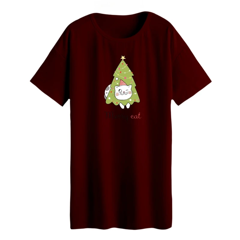 تی شرت لانگ زنانه مدل گربه کریسمس کد 3