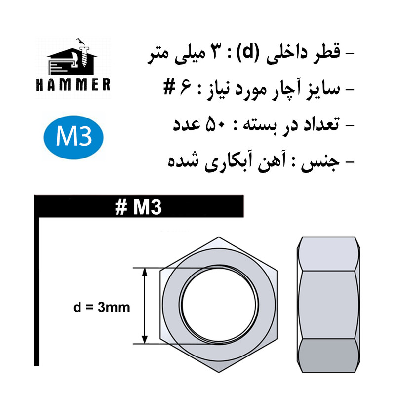 مهره هامر مدل شش ضلعی کد M3 مجموعه 50 عددی