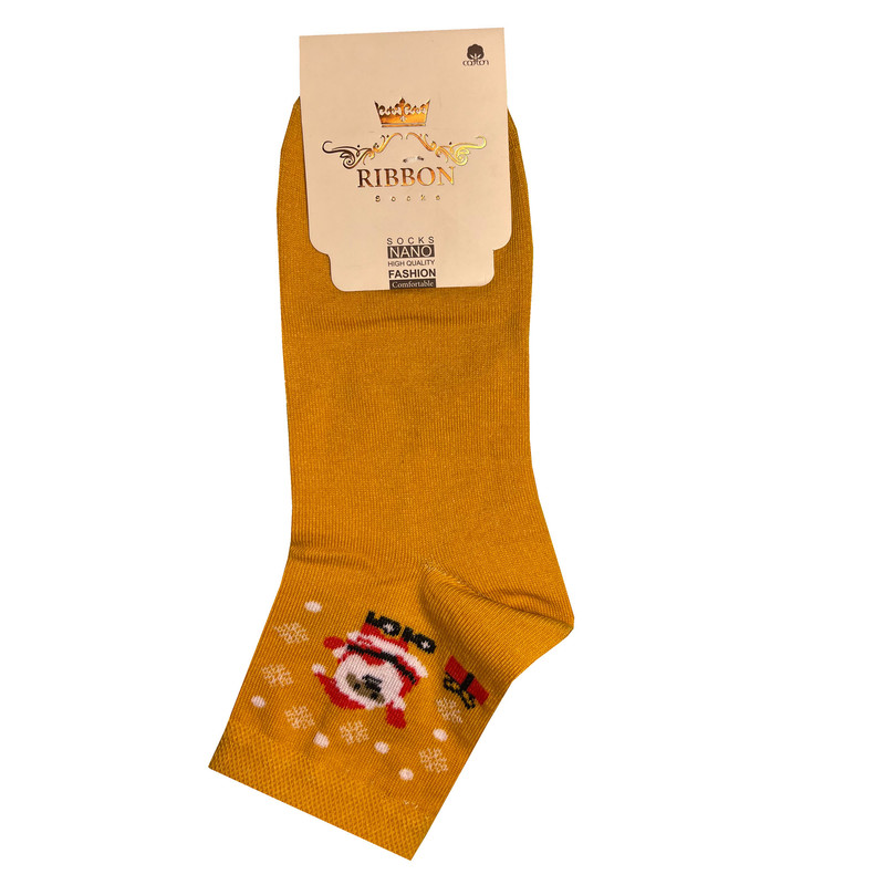 جوراب ساق کوتاه زنانه مدل پنبه طرح کریسمسی رنگ خردلی