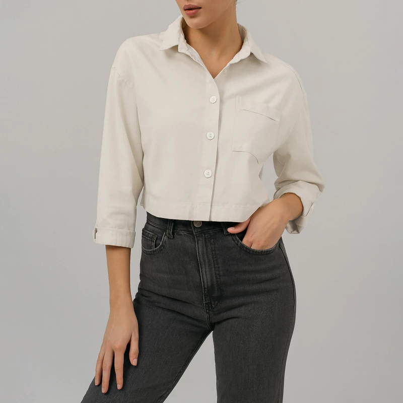 شومیز آستین بلند یقه برگردان زنانه بنیس مدل 38728702 رنگ کرم روشن