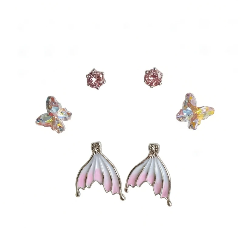 گوشواره میخی زنانه مدل پینترستی دم وال و پروانه بسته 3 عددی