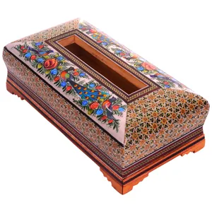جعبه دستمال کاغذی خاتم کاری مدل گل و مرغ کد 6