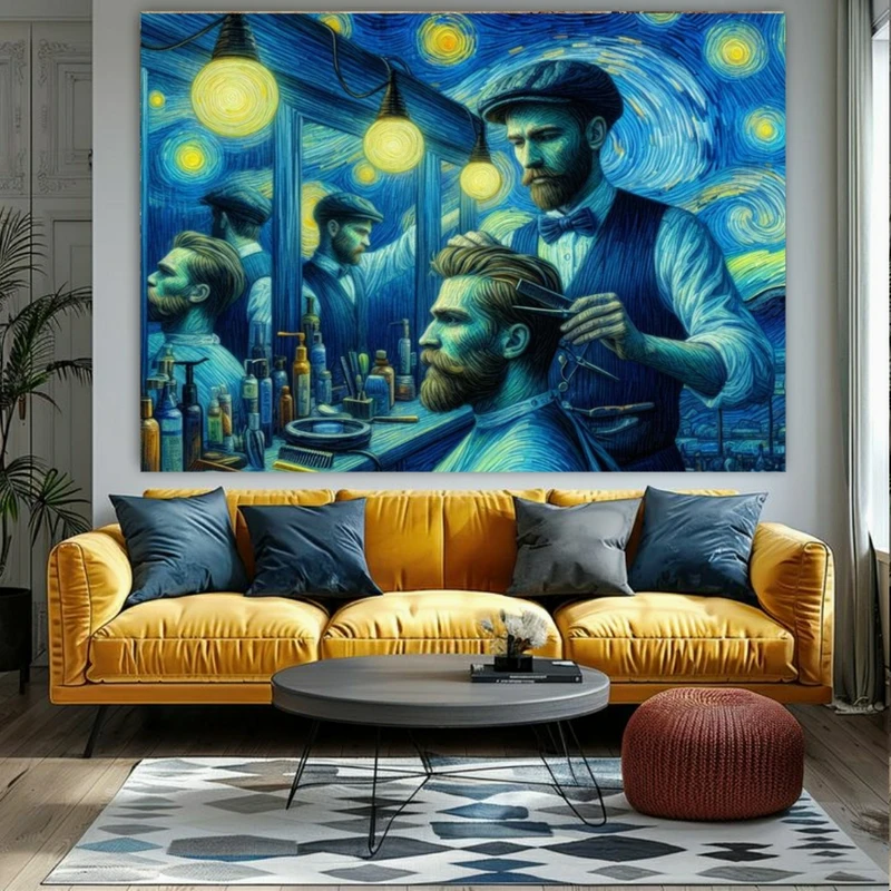 تابلو بوم طرح مخمل آرایشگاه مردانه مدل شب پرستاره ونگوگ کد BK24644