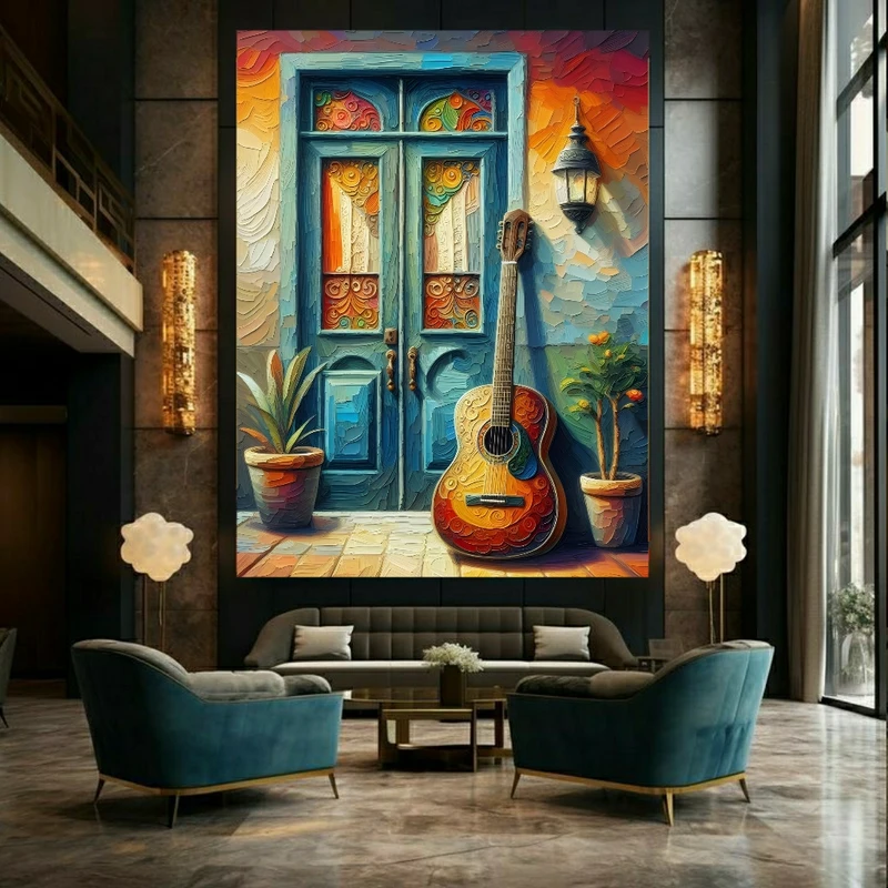 تابلو بوم طرح نقاشی گیتار و پنجره مدل موسیقی کد BK23479