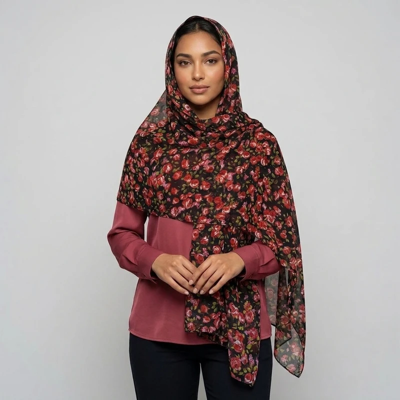 شال زنانه حریر گل‌دار مدل Rose